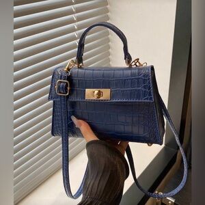 Mini Crocodile Embossed Square Bag Blue w/ Gold and Pearl Charm New